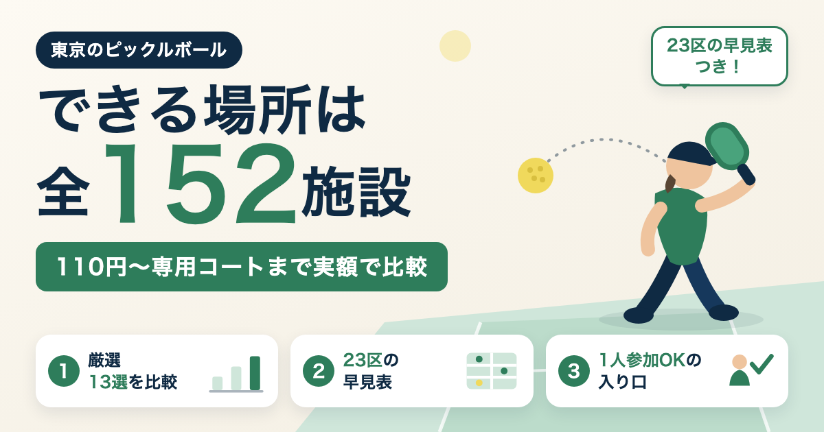東京でピックルボールができる場所13選＋全152施設｜23区・多摩の区別まとめ｜1人参加OK・手ぶら可否で比較【2026年8月】