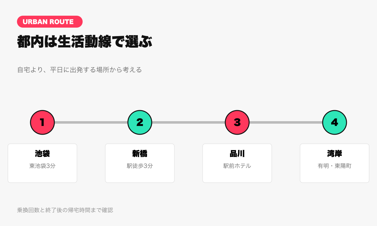 都内のピックルボール施設を生活動線で選ぶ要約図