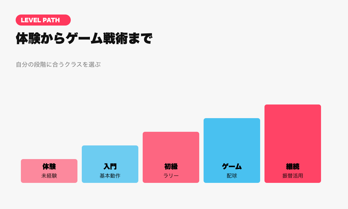 ピックルボールスクールで体験からゲーム戦術まで進む要約図