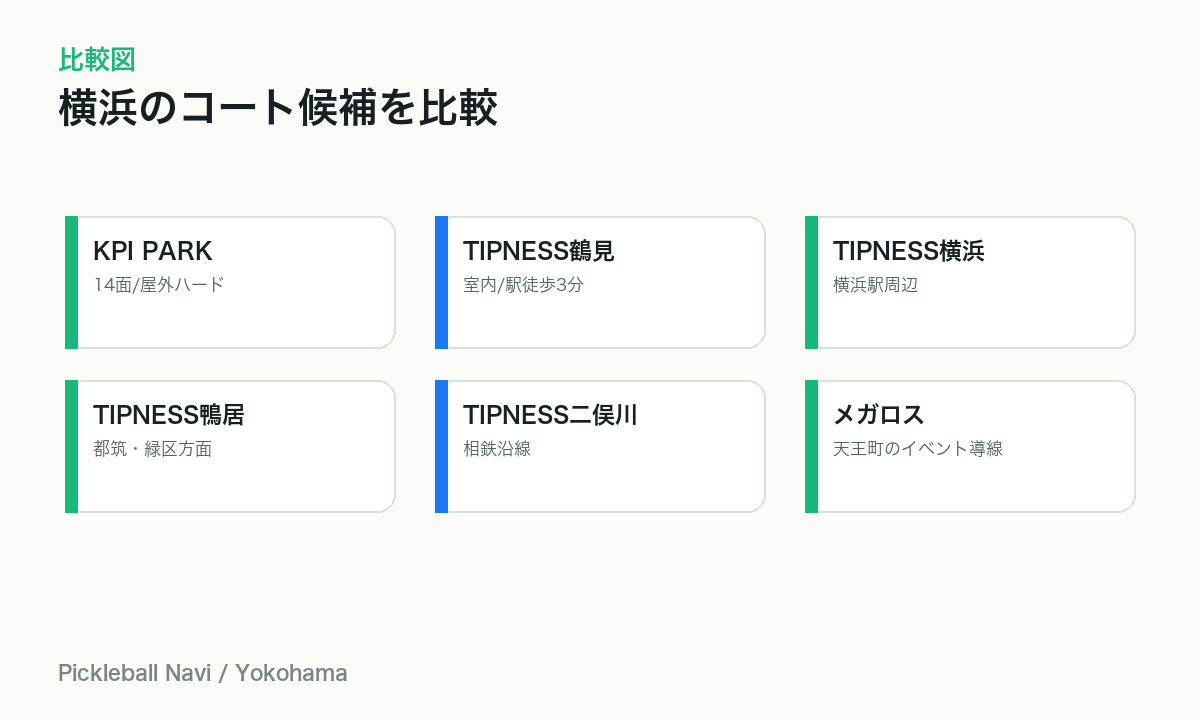 横浜のピックルボールコート候補を比較する図