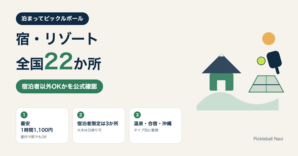 泊まってピックルボールができる宿・リゾート全国22か所｜宿泊者以外OK・料金・コート数を公式確認【2026年8月】