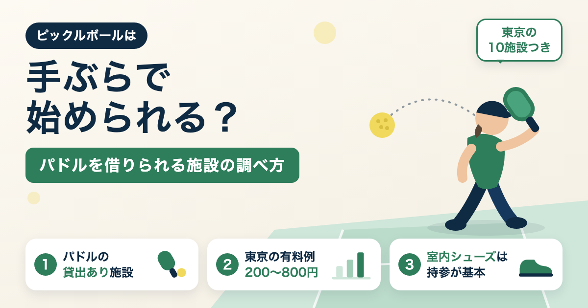 ピックルボールは手ぶらで始められるかの図解。パドルを借りられる施設の調べ方、東京の有料レンタルは200〜800円の例、室内シューズは持参が基本、東京都内でパドルを借りられる10施設つき