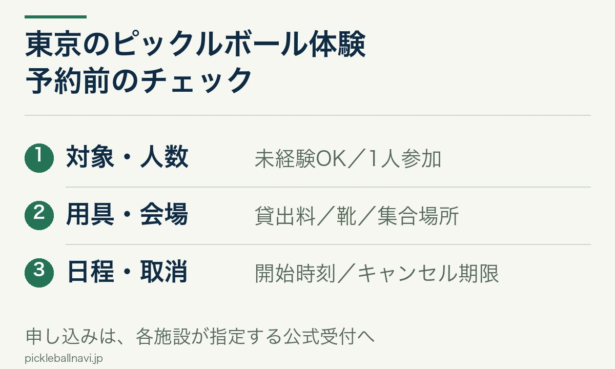 東京の体験予約前に対象・人数、用具・会場、日程・キャンセル期限を確認する