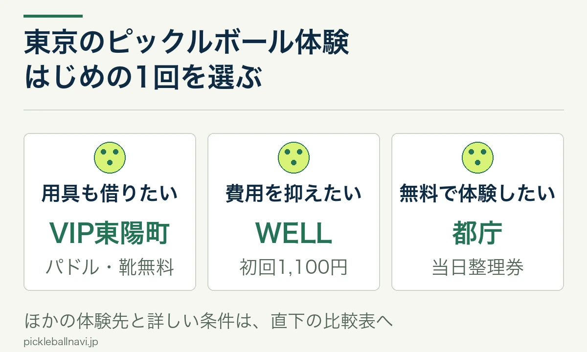 東京の初回体験を用具無料のVIP東陽町、初回1100円のWELL、無料の都庁から選ぶ目安