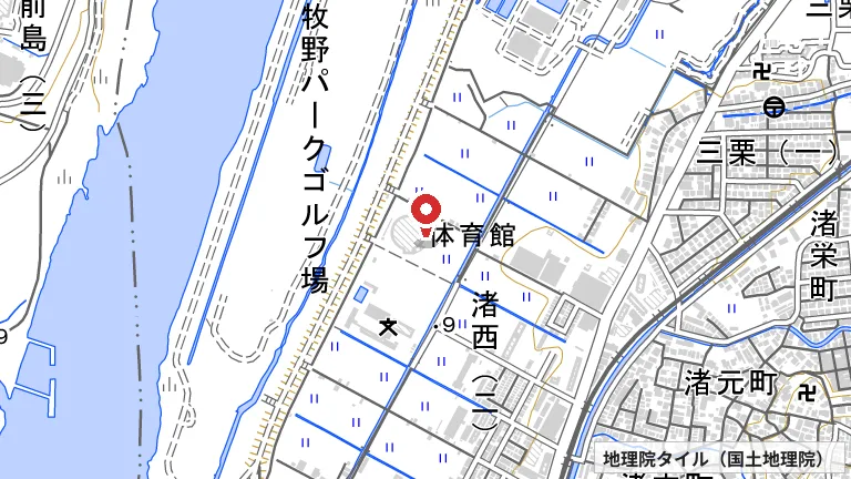 枚方市立渚市民体育館（昌栄工務店ひらかた渚体育館）の所在地の地図（出典: 地理院タイル／国土地理院）